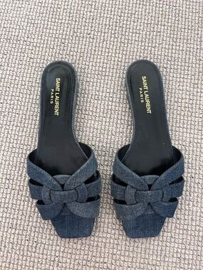 Saint Laurent Dark Denim Knotted Slide Mules
